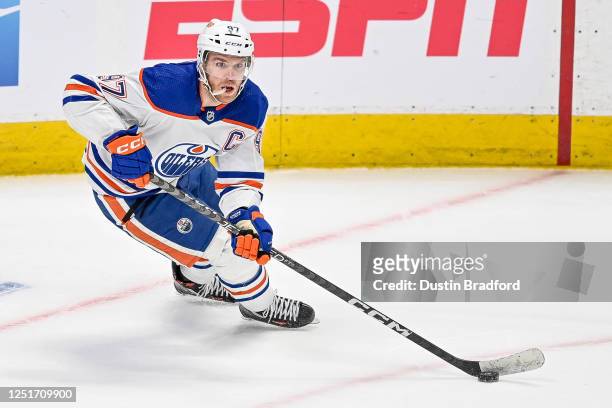 Connor McDavid of the Edmonton Oilers sklates in the overtime period against the Colorado Avalanche at Ball Arena on April 11, 2023 in Denver,...