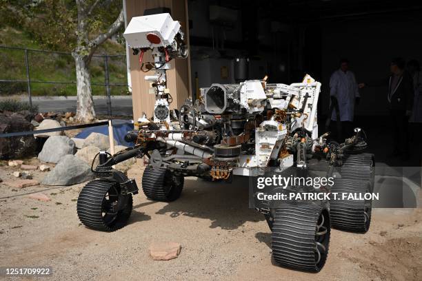 Full scale test model of the Perseverance rover currently on Mars is displayed during a press conference for the Mars Sample Return mission in the...