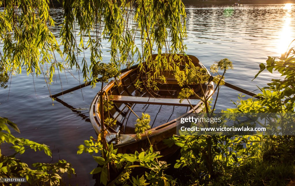 Wooden rowing boat on the shore of the Außenalster