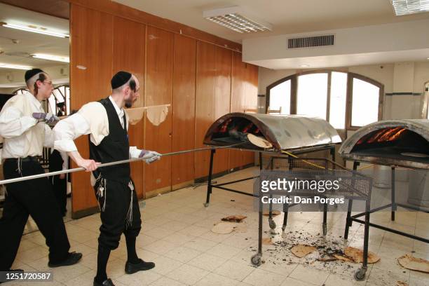 One Belz Hasidic man uses a long stick with a tray in the end of it to take ready matzah shmura out of the oven while his friend behind him is ready...