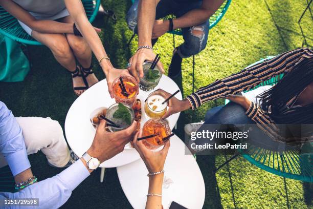 groep vrienden die van een drank samen genieten en toasing om te vieren - aperitif stockfoto's en -beelden