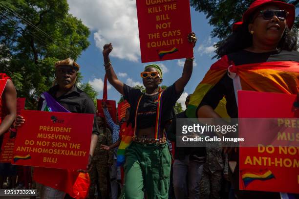 DeLovie Kwagala aka Papa De, Ugandan activist, march with members of the Economic Freedom Fighters picket against Uganda's anti-homosexuality bill at...