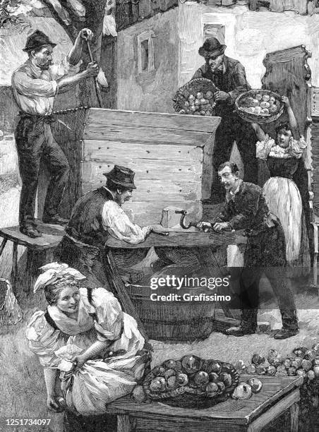 ilustrações de stock, clip art, desenhos animados e ícones de farmers in austrian village filling apples into cider press in upper austria 1899 - cultura austríaca