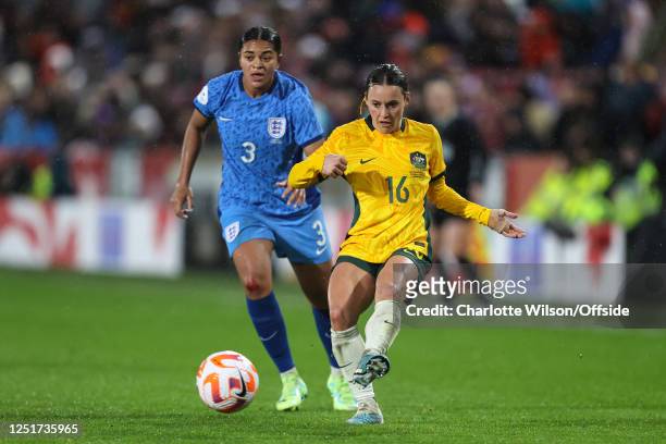Hayley Raso of Australia during the International Friendly match between England and Australia Women at Gtech Community Stadium on April 11, 2023 in...