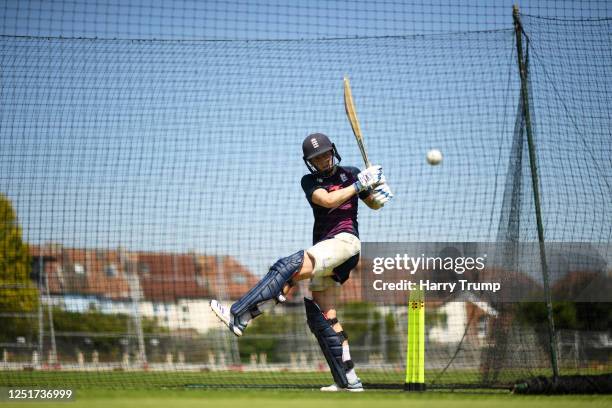 England Women's Cricket Captain Heather Knight plays a shot as she takes part in an individual training session at the County Ground on June 24, 2020...