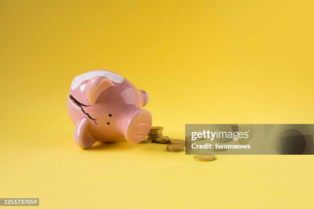 financial crisis concepts still life. - smashed piggy bank stock pictures, royalty-free photos & images