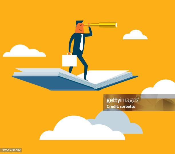 businessman using telescope on flying book - literature search stock illustrations