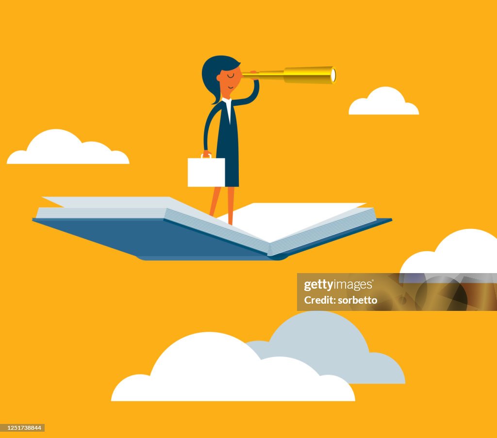 Businesswoman using telescope on flying book