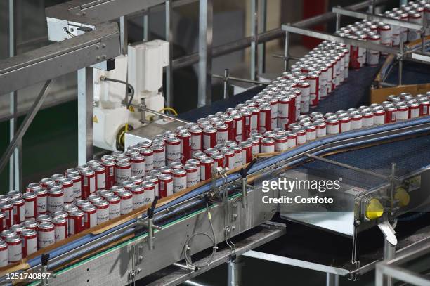 An automated production line of Budweiser beer is seen at a workshop of Anheuser-Busch InBev Beer Co LTD in Suqian, Jiangsu Province, China, April...