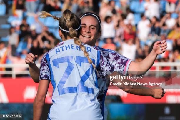 Teresa Abelleira of Spain celebrates her goal with teammate Athenea del Castillo during the women's international friendly football match between...