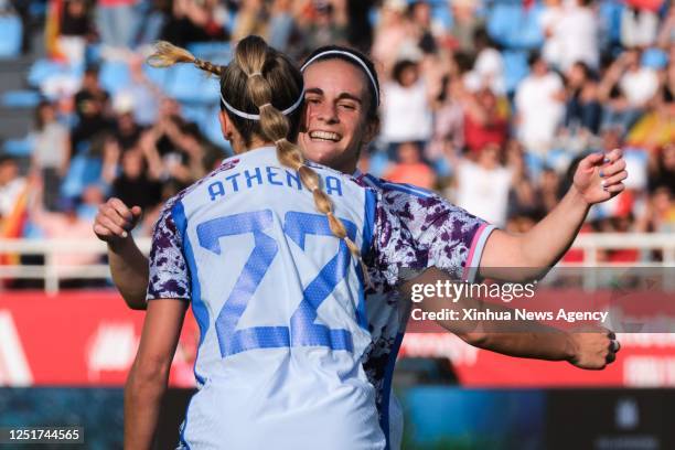 Teresa Abelleira of Spain celebrates her goal with teammate Athenea del Castillo during the women's international friendly football match between...