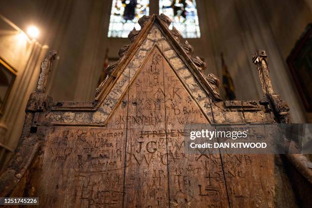 The Coronation Chair, also known as St Edward's Chair or King Edward's Chair, is pictured inside Westminster Abbey in London on April 12 during a...