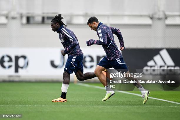 Moise Kean, Leandro Paredes of Juventus during a training sessionahead of their UEFA Europa League quarterfinal first leg match against Sporting CP...