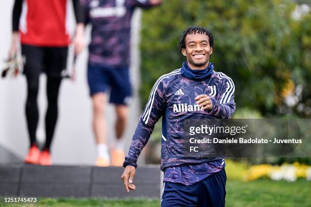 Juan Cuadrado of Juventus during a training sessionahead of their UEFA Europa League quarterfinal first leg match against Sporting CP at Jtc on April...