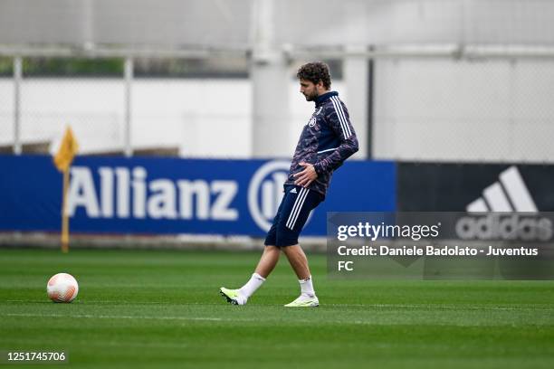 Adrien Rabiot of Juventus during a training sessionahead of their UEFA Europa League quarterfinal first leg match against Sporting CP at Jtc on April...
