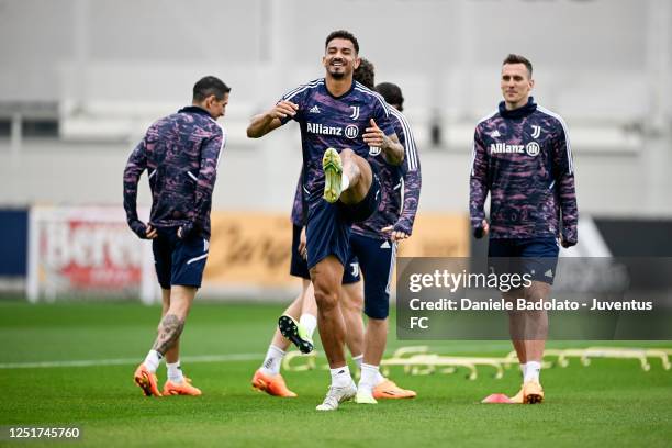 Danilo of Juventus during a training sessionahead of their UEFA Europa League quarterfinal first leg match against Sporting CP at Jtc on April 12,...