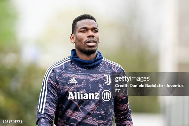 Paul Pogba of Juventus during a training sessionahead of their UEFA Europa League quarterfinal first leg match against Sporting CP at Jtc on April...