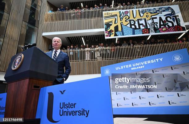 President Joe Biden delivers a speech on business development at Ulster University in Belfast on April 12 as part of a four day trip to Northern...