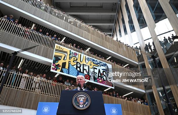 President Joe Biden delivers a speech on business development at Ulster University in Belfast on April 12 as part of a four day trip to Northern...