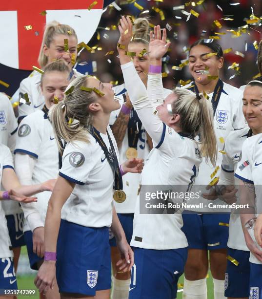 England celebrate at the end of the match during the England Women's International Finalissima 2023 match between England and Brazil at Wembley...