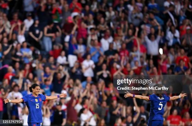 Missouri , United States - 11 April 2023; Alana Cook of United States celebrates with teammate Kelley O'Hara after scoring their side's first goal...