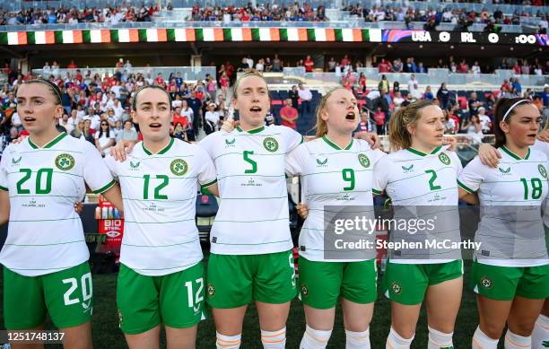 Missouri , United States - 11 April 2023; Republic of Ireland players, from left, Abbie Larkin, Roma McLaughlin, Claire O'Riordan, Amber Barrett,...