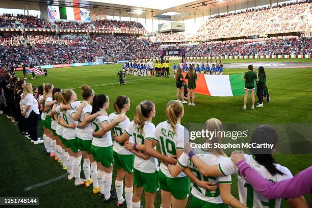 Missouri , United States - 11 April 2023; Republic of Ireland players stand for the playing of the National Anthem before the women's international...