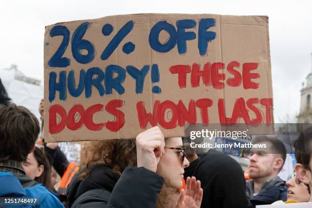 Junior doctors, members of the BMA British Medical Association, take part in day one of a four day strike demanding full pay restoration and improved...