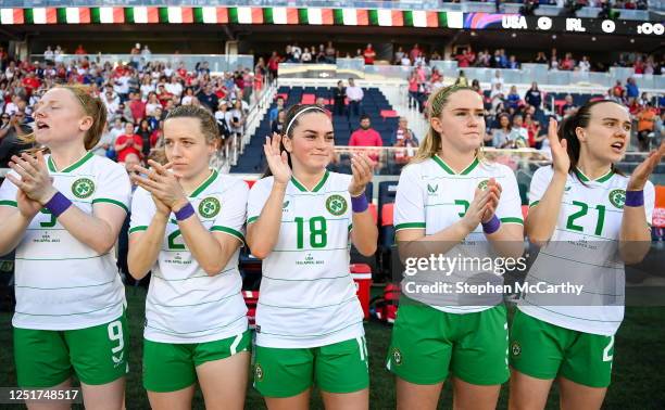 Missouri , United States - 11 April 2023; Republic of Ireland players, from left, Amber Barrett, Harriet Scott, Alannah McEvoy, Jessie Stapleton and...