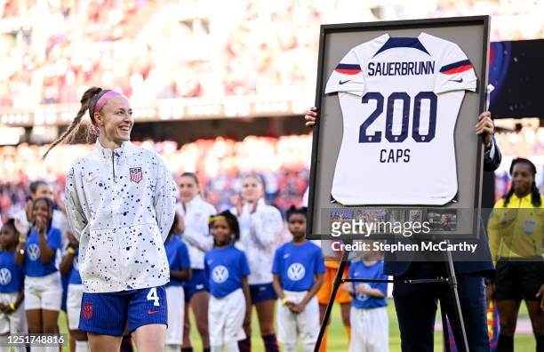 Missouri , United States - 11 April 2023; Becky Sauerbrunn of United States on the occasion of her 200th international cap before the women's...
