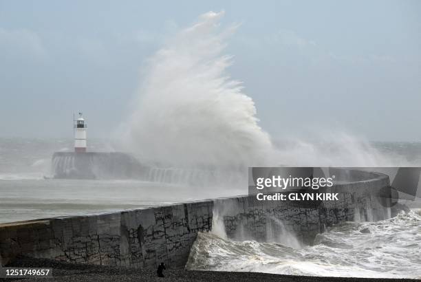 Storm Noa batters the south coast as waves break over Newhaven Lighthouse, on April 12, 2023.