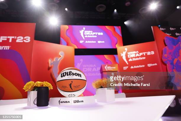 An overall view of the draft stage and WNBA Wilson ball during the 2023 WNBA Draft on April 10, 2023 at Spring Studios in New York, New York. NOTE TO...