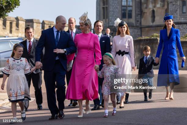 Mike Tindall and Zara Tindall, accompanied by Mia and Lena arrive with the Prince and Princess of Wales and other members of the Royal Family to...