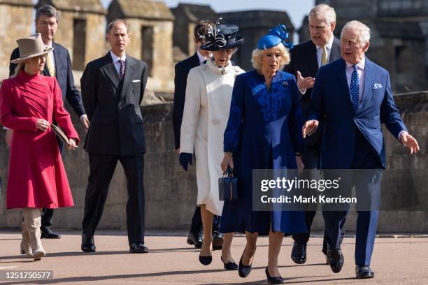 King Charles III arrives with Camilla, the Queen Consort, Princess Anne, Princess Royal, Prince Andrew, Duke of York, Prince Edward, Duke of...