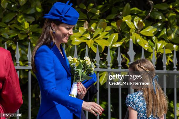 Catherine, Princess of Wales, and Princess Charlotte depart after attending the Easter Sunday church service at St George's Chapel in Windsor Castle...