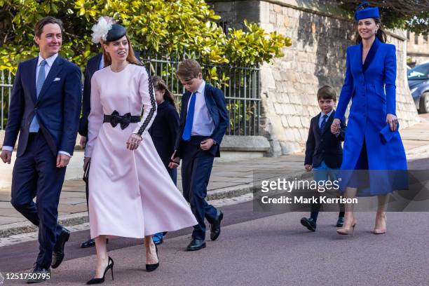 Edoardo Capelli Mozzi, Princess Beatrice, Princess Charlotte , Prince George, Prince Louis and Catherine, Princess of Wales, arrive to attend the...