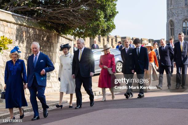 King Charles III arrives with Camilla, the Queen Consort, Princess Anne, Princess Royal, Prince Andrew, Duke of York, Sophie, Duchess of Edinburgh,...
