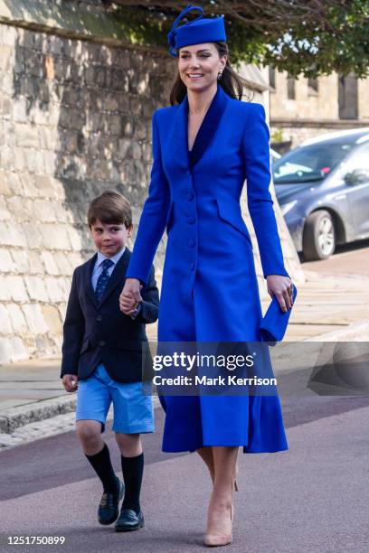 Catherine, Princess of Wales, and Prince Louis arrive to attend the Easter Sunday church service at St George's Chapel in Windsor Castle on 9 April...