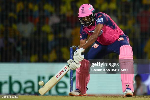 Rajasthan Royals' Ravichandran Ashwin plays a shot during the Indian Premier League Twenty20 cricket match between Chennai Super Kings and Rajasthan...