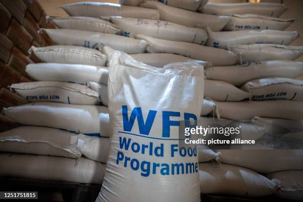 April 2023, Niger, Niamey: A sack of flour stands in the warehouse of the UN World Food Program in Niamey. The German Minister for Economic...