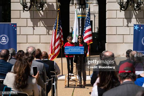 Liz Hurtado, national field manager for Mom's Clean Air Force, right, speaks with her daughter Leena, during a news conference in Washington, DC, US,...