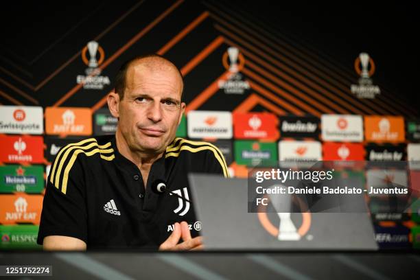 Massimiliano Allegri of Juventus during a press conference ahead of their UEFA Europa League quarterfinal first leg match against Sporting CP at...