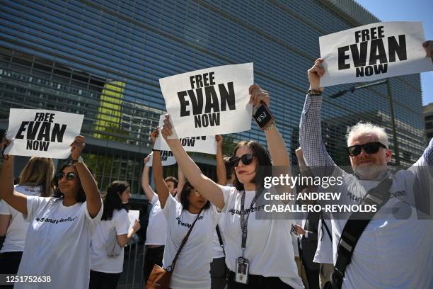 The Independent Association of Publishers' Employees and Wall Street Journal journalists rally in Washington, DC, on April 12 calling for the release...