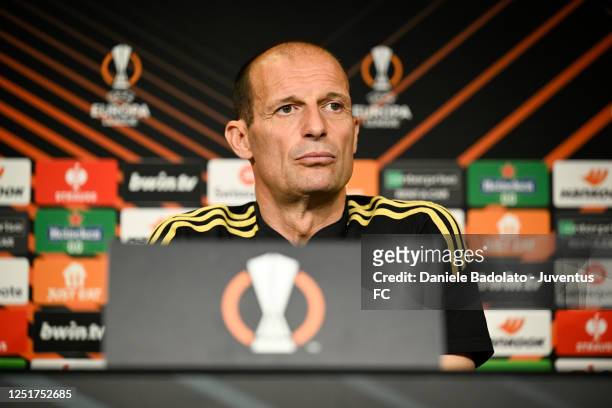 Massimiliano Allegri of Juventus during a press conference ahead of their UEFA Europa League quarterfinal first leg match against Sporting CP at...