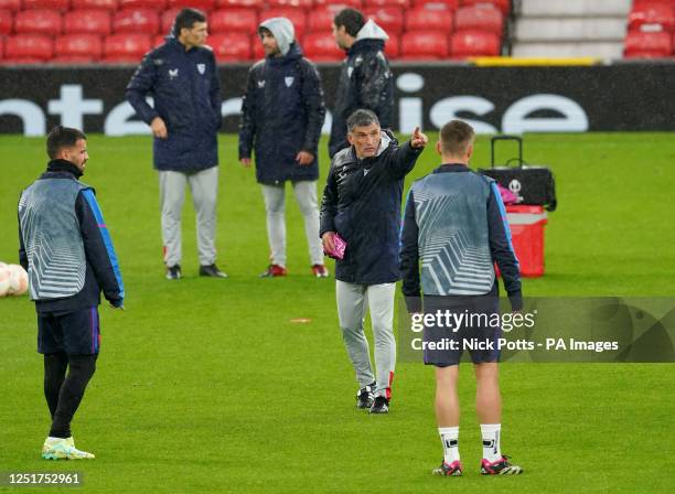 Sevilla manager Jose Luis Mendilibar during a training session at Old Trafford, Manchester. Picture date: Wednesday April 12, 2023.