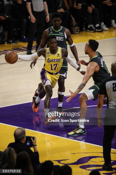 Los Angeles Lakers guard Dennis Schroder looks to pass on the baseline during the Minnesota Timberwolves game versus the Los Angeles Lakers on April...