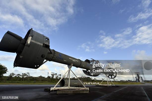 Illustration picture shows a testing replica of the Ariane 6 space launch system at a royal visit to the Guiana Space Centre in Kourou, French...