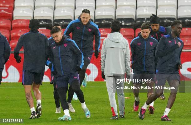 Sevilla's Alex Telles during a training session at Old Trafford, Manchester. Picture date: Wednesday April 12, 2023.