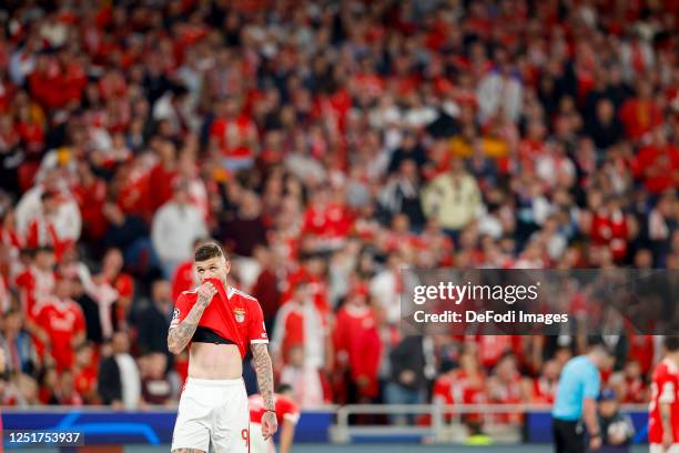 Morato of Benfica Lissabon looks dejected during the UEFA Champions League quarterfinal first leg match between SL Benfica and FC Internazionale at...