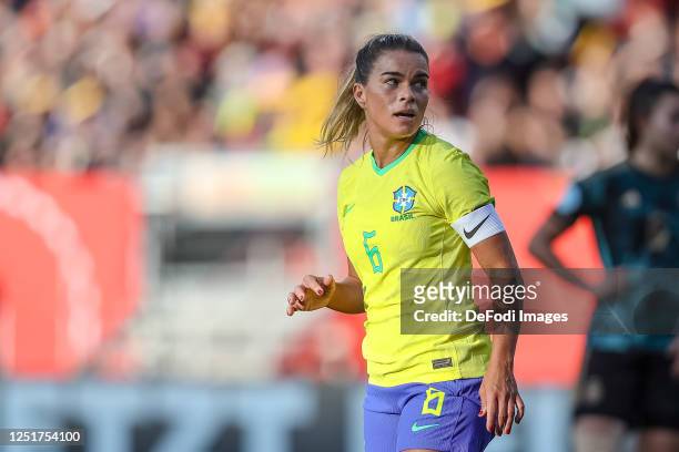 Tamires of Brazil looks on during the Women's international friendly between Germany and Brazil at Max-Morlock-Stadion on April 11, 2023 in...